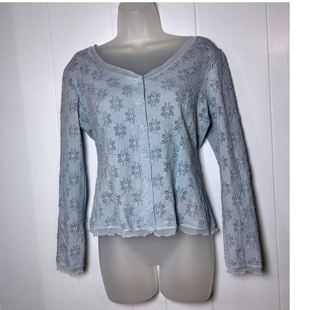 Y2K Vintage Light Blue Floral‎ Eyelet Lace Button Front Cardigan Mesh Trim Sz XL